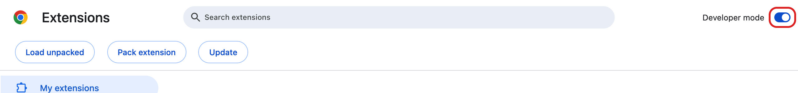 Chrome 擴充功能頁右上角的開發人員模式開關